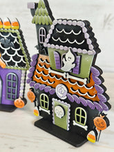 Load image into Gallery viewer, Halloween Candy Standing Houses File SVG, Haunted, Gingerbread, Candy Corn, Bat, Ghost, Tiered Tray, Glowforge, LuckyHeartDesignsCo
