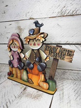 Load image into Gallery viewer, Straw Mates Scarecrow Standing File SVG, Glowforge Pumpkin Farm, Girl, Boy, Autumn, Gourd, Decor, Tiered Tray, LuckyHeartDesignsCo
