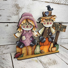 Load image into Gallery viewer, Straw Mates Scarecrow Standing File SVG, Glowforge Pumpkin Farm, Girl, Boy, Autumn, Gourd, Decor, Tiered Tray, LuckyHeartDesignsCo
