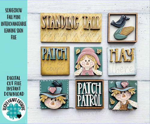 Scarecrow Pair Fall Mini Interchangeable Leaning Sign File SVG, Pumpkin Crow Autumn Pumpkin Farm, Tiered Tray Glowforge, LuckyHeartDesignsCo