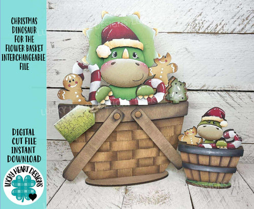 Christmas Dinosaur For The Flower Basket Interchangeable File SVG (Original and TINY) Santa T-Rex, Triceratops Glowforge LuckyHeartDesignsCo