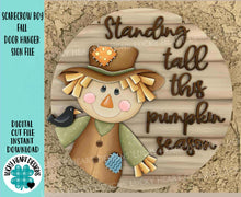 Load image into Gallery viewer, Scarecrow Boy Fall Door Hanger File SVG, Scarecrow, Leaves, Pumpkin, Leaf, Autumn, Decor Glowforge, LuckyHeartDesignsCo
