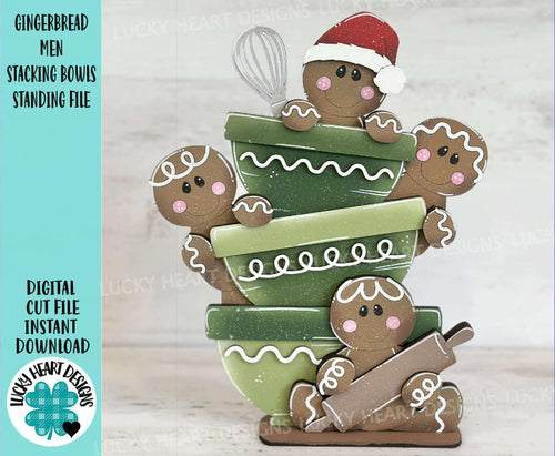 Gingerbread Men Stacking Bowls Standing Sign File SVG, Santa Christmas Baking Cookies Mantle decor Centerpiece glowforge LuckyHeartDesignsCo