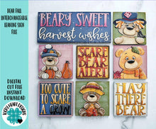 Load image into Gallery viewer, Bear Fall Interchangeable Leaning Sign File SVG, Glowforge, Farm, Cow, Scarecrow, Pumpkin, Leaves, Leaf, Autumn, LuckyHeartDesignsCo
