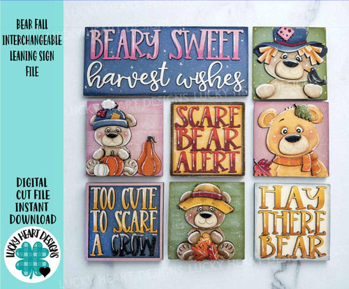 Bear Fall Interchangeable Leaning Sign File SVG, Glowforge, Farm, Cow, Scarecrow, Pumpkin, Leaves, Leaf, Autumn, LuckyHeartDesignsCo