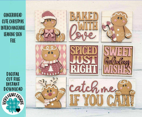 Gingerbread Cute Christmas Interchangeable Leaning Sign File SVG, Glowforge Candy Cane, Man, Men, Reindeer, Santa, LuckyHeartDesignsCO