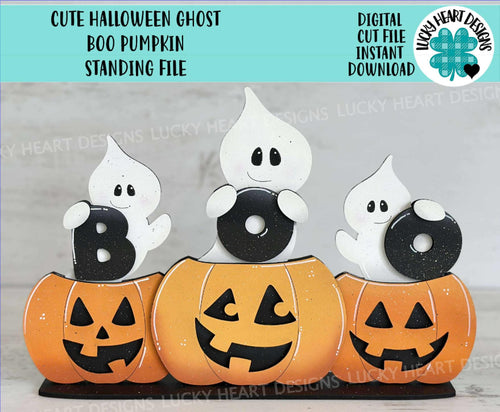 Cute Halloween Ghost Boo Pumpkin Standing File SVG, Jack-o-lantern, Trick Or Treat Tiered Tray Glowforge, LuckyHeartDesignsCo