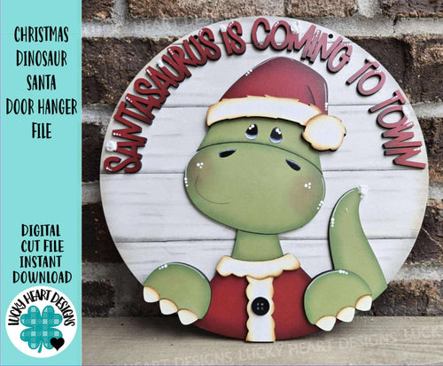 Christmas Dinosaur Santa Door Hanger File SVG, Glowforge, Brachiosaurus, Cute, Rudolph, Christmas, LuckyHeartDesignsCo