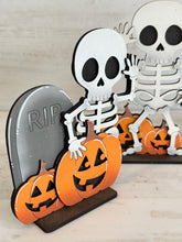 Load image into Gallery viewer, Cute Skeleton Halloween Standing File SVG, Witch, Jack-o-lantern, Boo, Tombstone, Trick Or Treat Tiered Tray Glowforge, LuckyHeartDesignsCo
