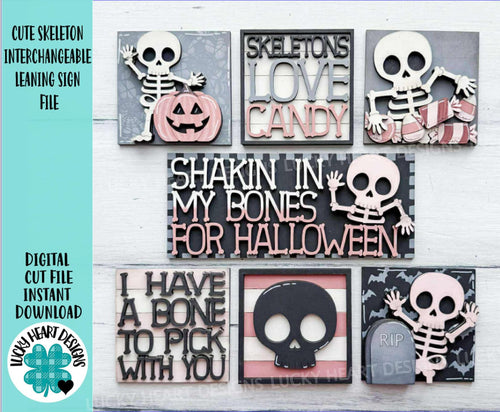 Cute Skeleton Interchangeable Leaning Sign File SVG, Glowforge Tiered Tray, Halloween, Skull, Pumpkin Boo Trick or Treat LuckyHeartDesignsCo