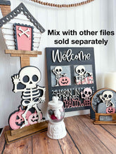 Load image into Gallery viewer, Cute Skeleton Birdhouse Interchangeable File SVG, Glowforge, Halloween, Skull, Pumpkin Trick or Treat, Holiday Shapes, LuckyHeartDesignsCo
