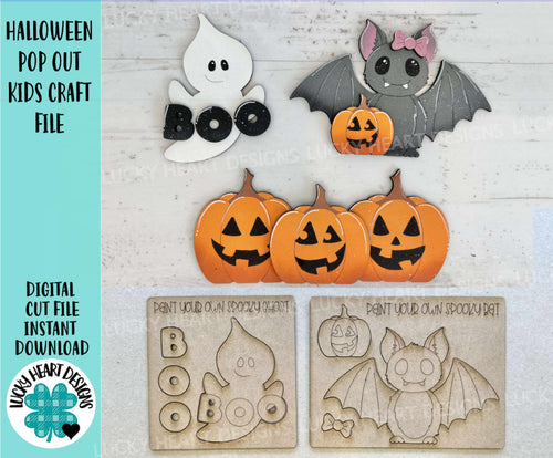 Halloween Pop Out Kids Craft Kit File SVG, Ghost, Bat, Boo, Punch Out, Jack-o-Lantern, Pumpkin, Glowforge, LuckyHeartDesignsCo