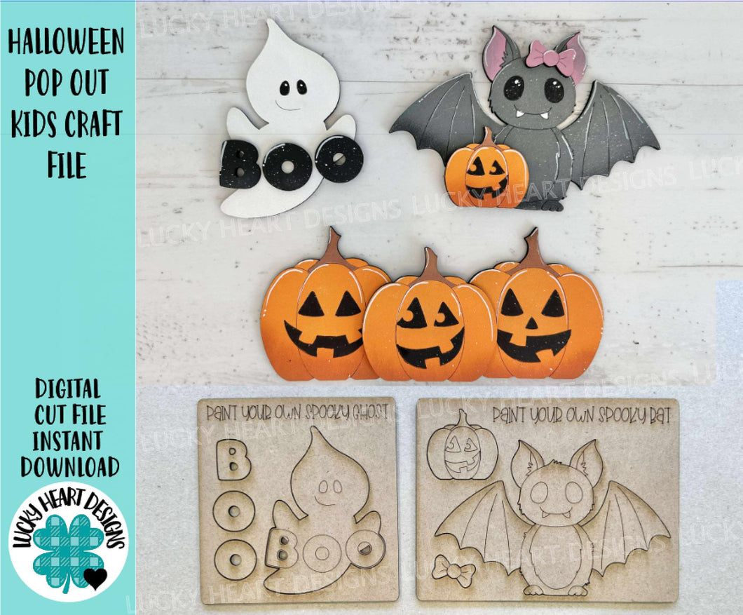 Halloween Pop Out Kids Craft Kit File SVG, Ghost, Bat, Boo, Punch Out, Jack-o-Lantern, Pumpkin, Glowforge, LuckyHeartDesignsCo