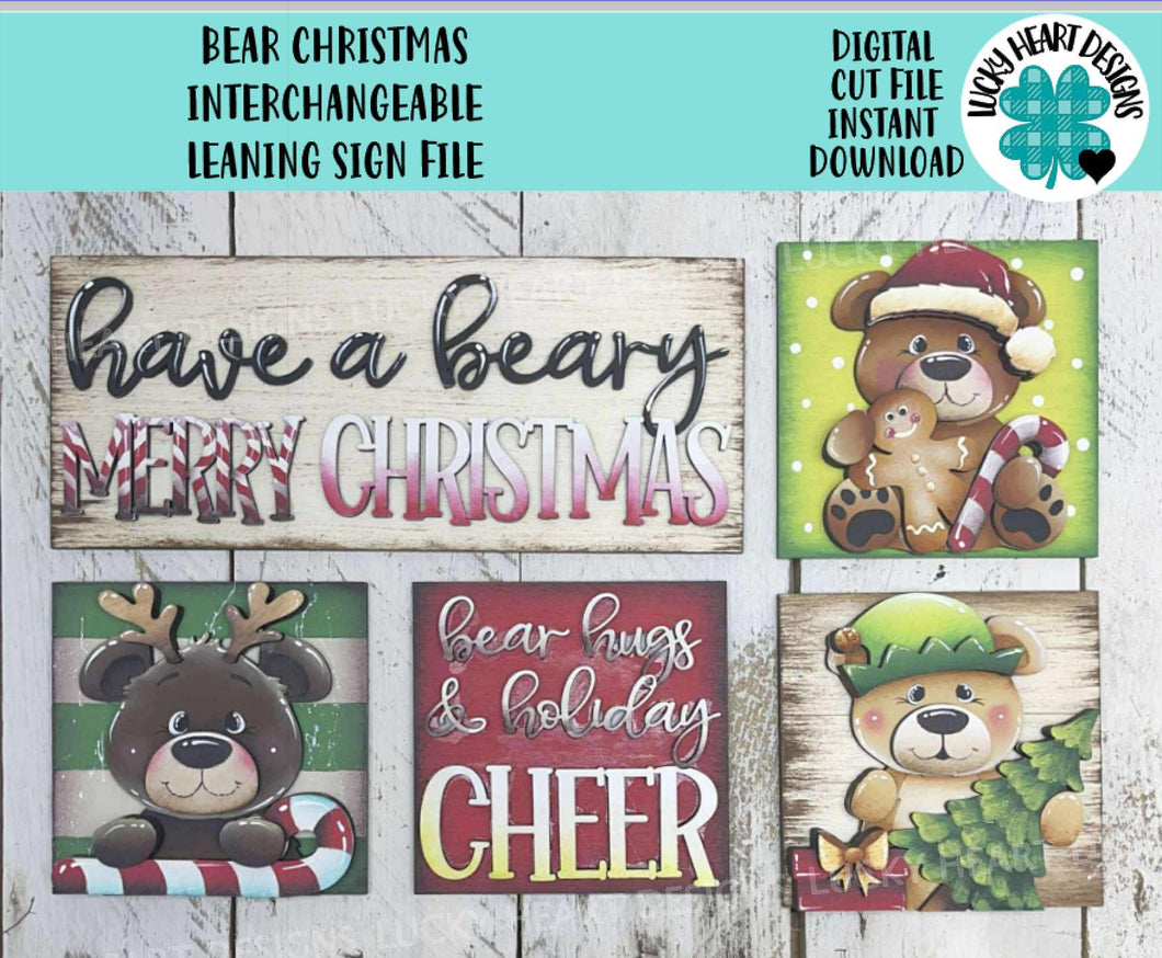 Bear Christmas Interchangeable Leaning Sign File SVG, Reindeer, Santa, Candy Cane, Tree, Cute, Glowforge, Santa, LuckyHeartDesignsCO
