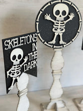 Load image into Gallery viewer, Halloween Pedestal Spindle Slide On Seasonal Set Interchangeable File SVG, Home Sign, Skeleton Glowforge, LuckyHeartDesignsCo
