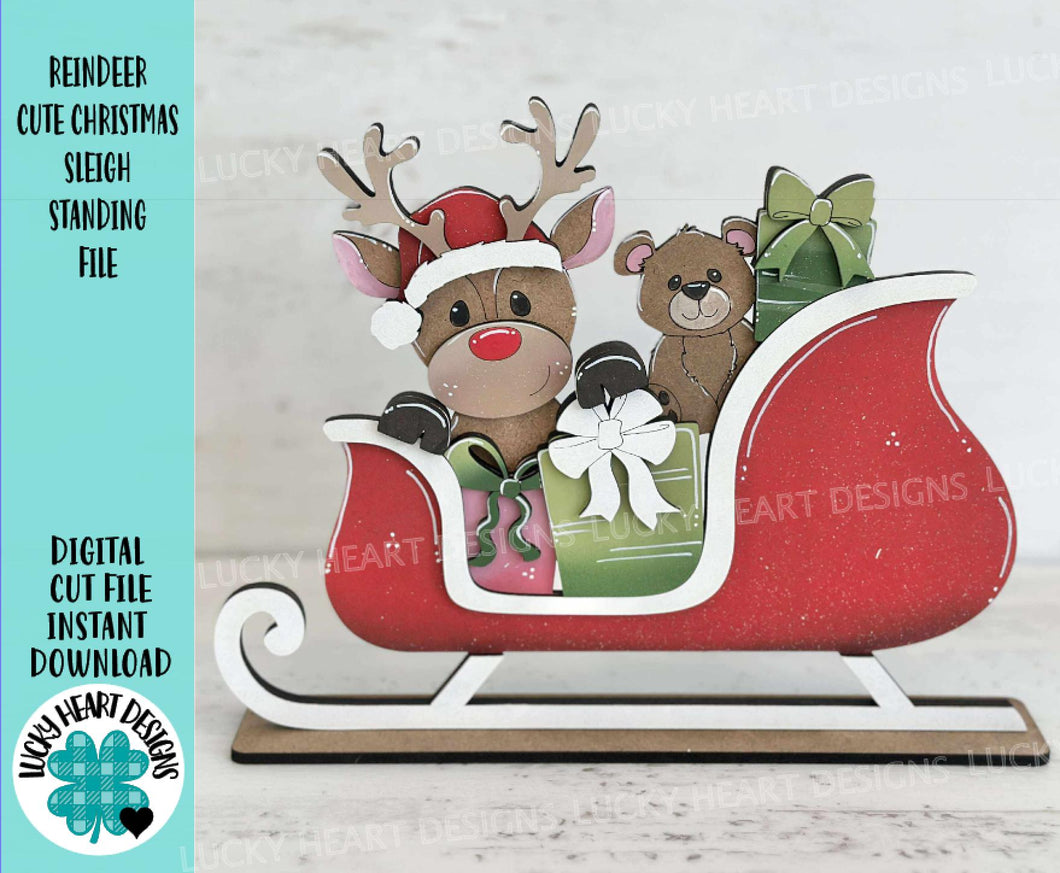 Reindeer Cute Christmas Sleigh Standing File SVG, Santa, Rudolph, Elf, Present, Tiered Tray Glowforge, LuckyHeartDesignsCo