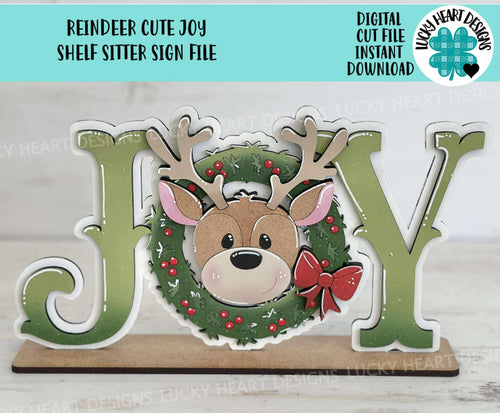 Reindeer Cute Joy Shelf Sitter Standing Sign File SVG, Santa, Mantle decor Christmas, Rudolph Centerpiece, glowforge, LuckyHeartDesignsCo