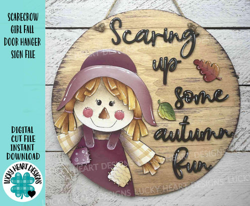 Scarecrow Girl Fall Door Hanger File SVG, Scarecrow, Leaves, Pumpkin, Leaf, Autumn, Decor Glowforge, LuckyHeartDesignsCo