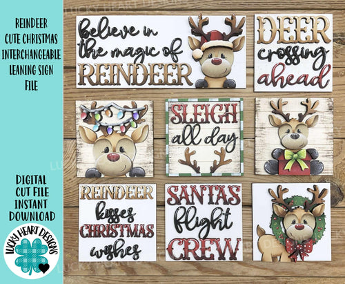 Reindeer Cute Christmas Interchangeable Leaning Sign File SVG, Glowforge, Rudolph, Santa, Wreath, Lights, Tree, Holiday, LuckyHeartDesignsCo
