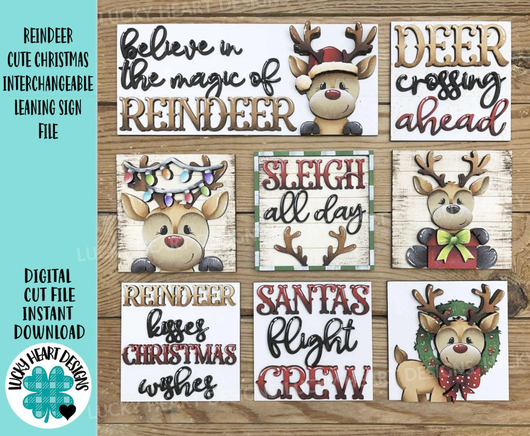 Reindeer Cute Christmas Interchangeable Leaning Sign File SVG, Glowforge, Rudolph, Santa, Wreath, Lights, Tree, Holiday, LuckyHeartDesignsCo
