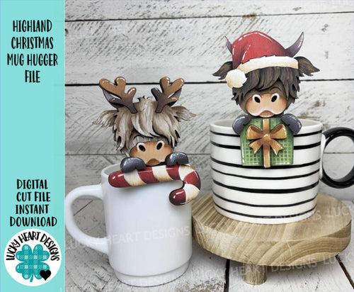 Highland Christmas Mug Hugger File SVG, Glowforge Tiered Tray, Reindeer, Rudolph Farm Cow, Tray Decor, Holiday, Topper, LuckyHeartDesignsCo
