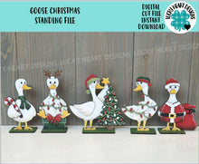 Load image into Gallery viewer, Goose Christmas Standing Sign File SVG, Santa, Duck, Wreath, Candy Cane, Present, Tree, Rudolph, Centerpiece glowforge LuckyHeartDesignsCo
