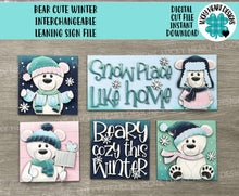Load image into Gallery viewer, Bear Cute Winter Interchangeable Leaning Sign File SVG, glowforge Snowman, Snowmen, Polar, Tiered Tray, LuckyHeartDesignsCo
