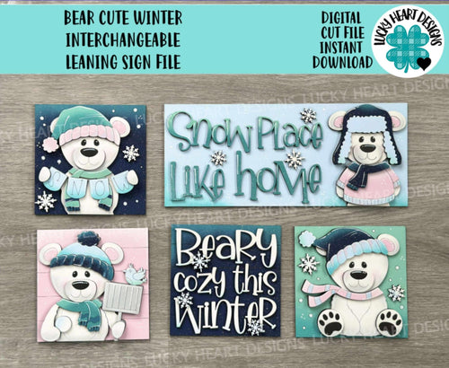 Bear Cute Winter Interchangeable Leaning Sign File SVG, glowforge Snowman, Snowmen, Polar, Tiered Tray, LuckyHeartDesignsCo