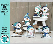 Load image into Gallery viewer, Snowman Cute Winter Standing File SVG, Glowforge, Sleigh, Hot Cocoa, Chocolate Snowmen, Winter Tiered Tray LuckyHeartDesignsCo
