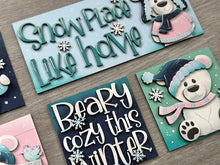 Load image into Gallery viewer, Bear Cute Winter Interchangeable Leaning Sign File SVG, glowforge Snowman, Snowmen, Polar, Tiered Tray, LuckyHeartDesignsCo
