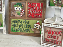 Load image into Gallery viewer, Owl Cute Christmas Interchangeable Leaning Sign File SVG, Glowforge, Rudolph, Santa, Wreath, Lights, Tree, Holiday, LuckyHeartDesignsCo
