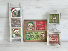 Load image into Gallery viewer, Owl Cute Christmas Interchangeable Leaning Sign File SVG, Glowforge, Rudolph, Santa, Wreath, Lights, Tree, Holiday, LuckyHeartDesignsCo
