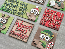 Load image into Gallery viewer, Owl Cute Christmas Interchangeable Leaning Sign File SVG, Glowforge, Rudolph, Santa, Wreath, Lights, Tree, Holiday, LuckyHeartDesignsCo
