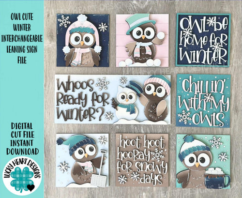 Owl Cute Winter Interchangeable Leaning Sign File SVG, glowforge Snowman, Snowmen, Bird, Tiered Tray, LuckyHeartDesignsCo