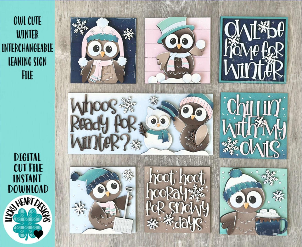 Owl Cute Winter Interchangeable Leaning Sign File SVG, glowforge Snowman, Snowmen, Bird, Tiered Tray, LuckyHeartDesignsCo