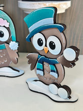 Load image into Gallery viewer, Owl Cute Winter Standing File SVG, Glowforge, Sleigh, Hot Cocoa, Chocolate Snowman Snowmen Bird Winter Tiered Tray LuckyHeartDesignsCo

