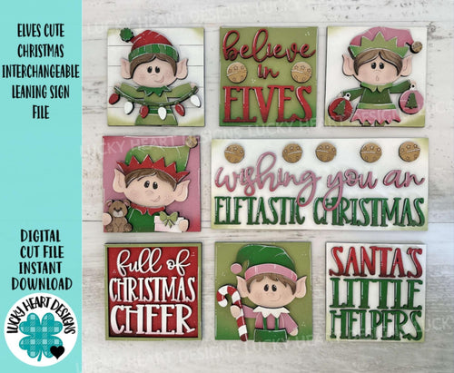 Elves Cute Christmas Interchangeable Leaning Sign File SVG, Glowforge Santa, Elf, Presents, Reindeer, Tiered Tray Signs, LuckyHeartDesignsCo