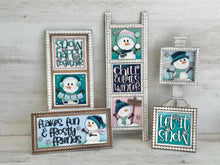 Load image into Gallery viewer, Snowman Cute Winter Interchangeable Leaning Sign File SVG, glowforge, Snowmen, Bird, Tiered Tray, LuckyHeartDesignsCo
