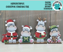 Load image into Gallery viewer, Hippopotamus Christmas Standing File SVG, Glowforge, Santa, Sweater, Present, Candy Cane, Reindeer, Rudolph, LuckyHeartDesignsCo
