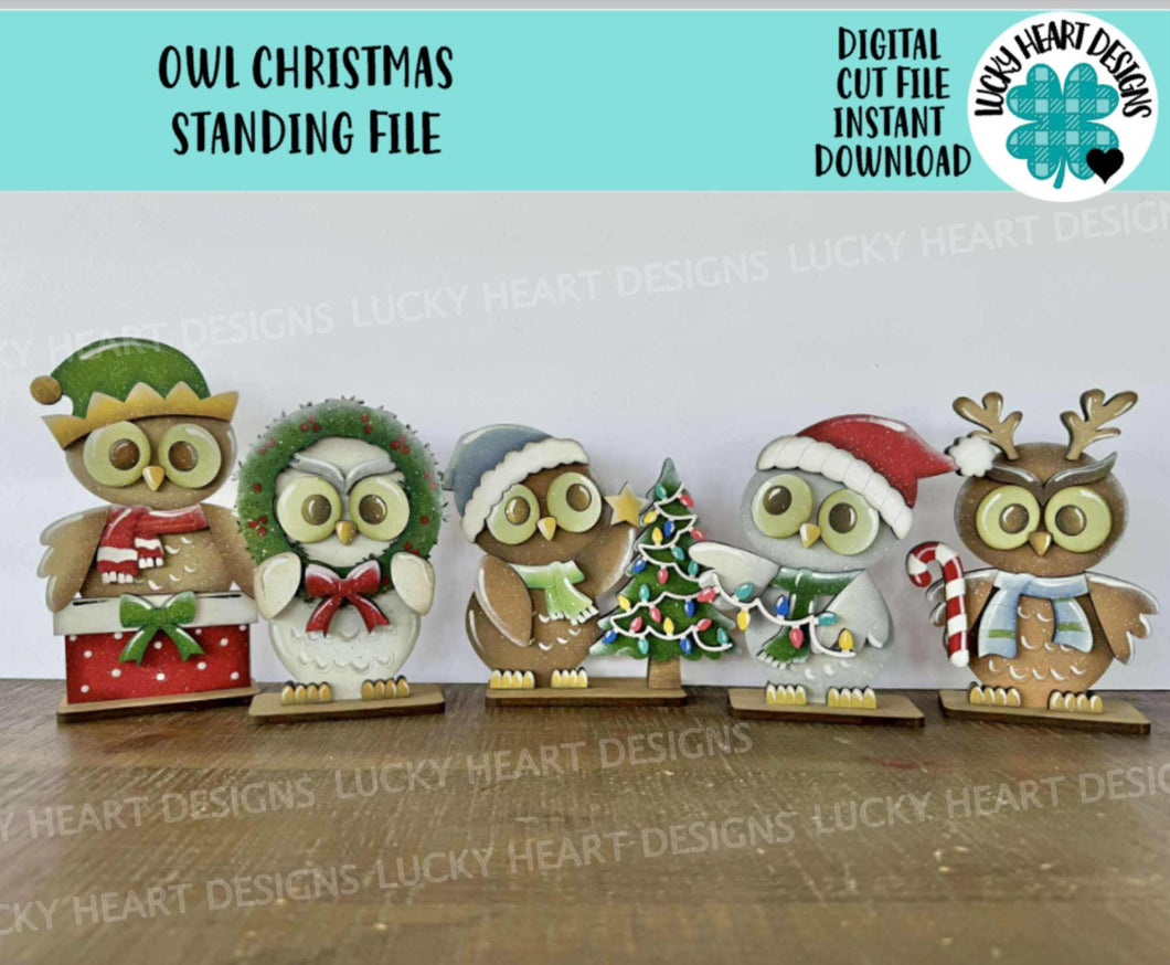 Owl Christmas Standing File SVG, Glowforge, Santa, Sweater, Present, Candy Cane, Reindeer, Rudolph, LuckyHeartDesignsCo