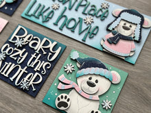Load image into Gallery viewer, Bear Cute Winter Interchangeable Leaning Sign File SVG, glowforge Snowman, Snowmen, Polar, Tiered Tray, LuckyHeartDesignsCo
