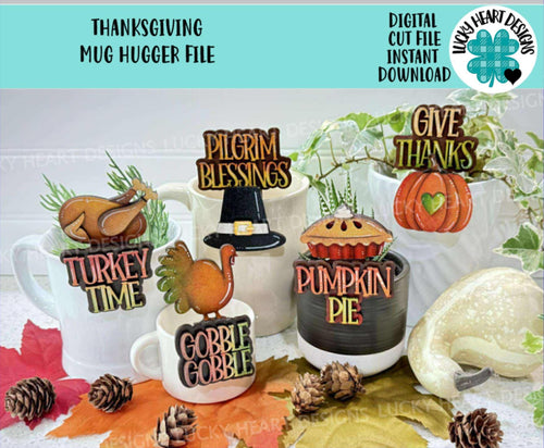 Thanksgiving Mug Hugger Bundle File SVG, Glowforge Tiered Tray, Tray Decor, Pumpkin, Pie, Turkey, Coffee Gift, Topper, LuckyHeartDesignsCo