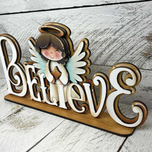 Load image into Gallery viewer, Angel Christmas Shelf Sitter Standing Sign File SVG, Nativity, Religious, Carols, Mantle decor, Centerpiece, glowforge, LuckyHeartDesignsCo
