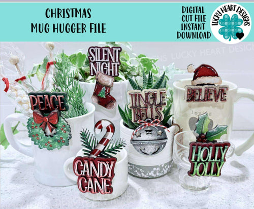 Christmas Mug Hugger File SVG, Glowforge Tiered Tray, Elf, Santa, Present, Bell, Candy Cane Tray Decor, Holiday, Topper, LuckyHeartDesignsCo