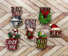 Load image into Gallery viewer, Christmas Mug Hugger File SVG, Glowforge Tiered Tray, Elf, Santa, Present, Bell, Candy Cane Tray Decor, Holiday, Topper, LuckyHeartDesignsCo
