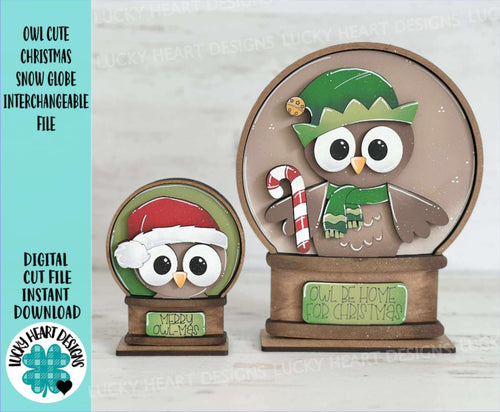 Owl Cute Christmas Snow Globe Interchangeable File SVG, TINY, Presents, Santa, Candy Cane, Glowforge, Santa, Tiered Tray LuckyHeartDesignsCo