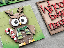 Load image into Gallery viewer, Owl Cute Christmas Interchangeable Leaning Sign File SVG, Glowforge, Rudolph, Santa, Wreath, Lights, Tree, Holiday, LuckyHeartDesignsCo
