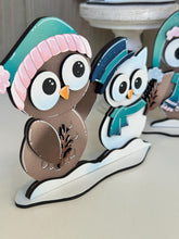 Load image into Gallery viewer, Owl Cute Winter Standing File SVG, Glowforge, Sleigh, Hot Cocoa, Chocolate Snowman Snowmen Bird Winter Tiered Tray LuckyHeartDesignsCo
