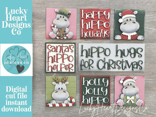 Hippo Cute Christmas Interchangeable Leaning Sign File SVG, Tired Tray, Hippopotamus, Santa, Reindeer, Glowforge, LuckyHeartDesignsCo