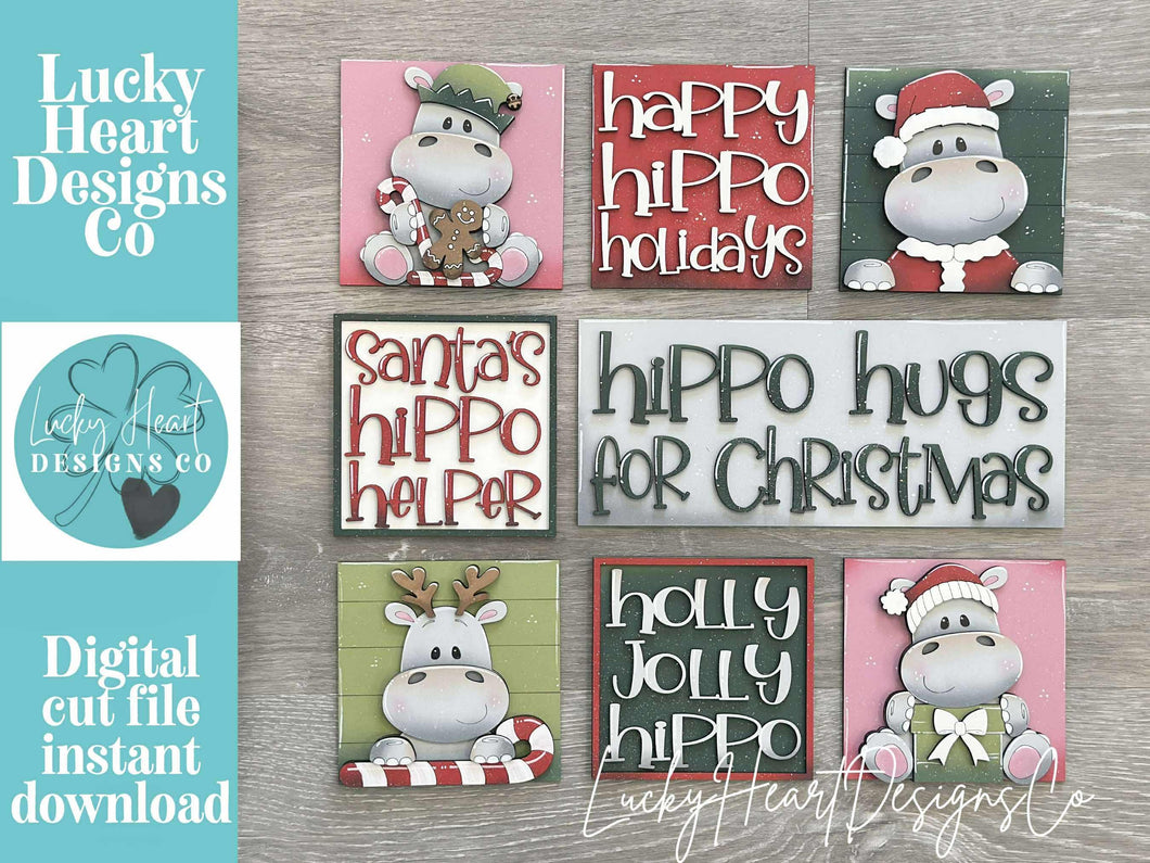 Hippo Cute Christmas Interchangeable Leaning Sign File SVG, Tired Tray, Hippopotamus, Santa, Reindeer, Glowforge, LuckyHeartDesignsCo